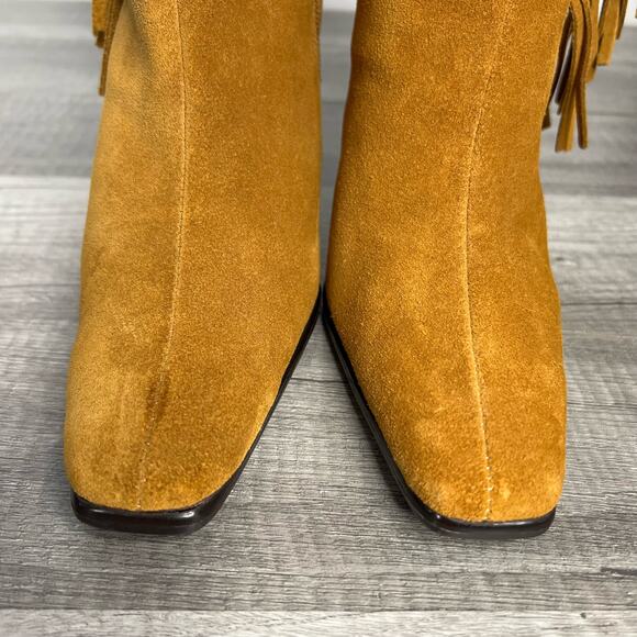 90s Fringe Square Toe Heeled Boots Tan Suede Western Predictions 7 1/2 - Picture 8 of 11